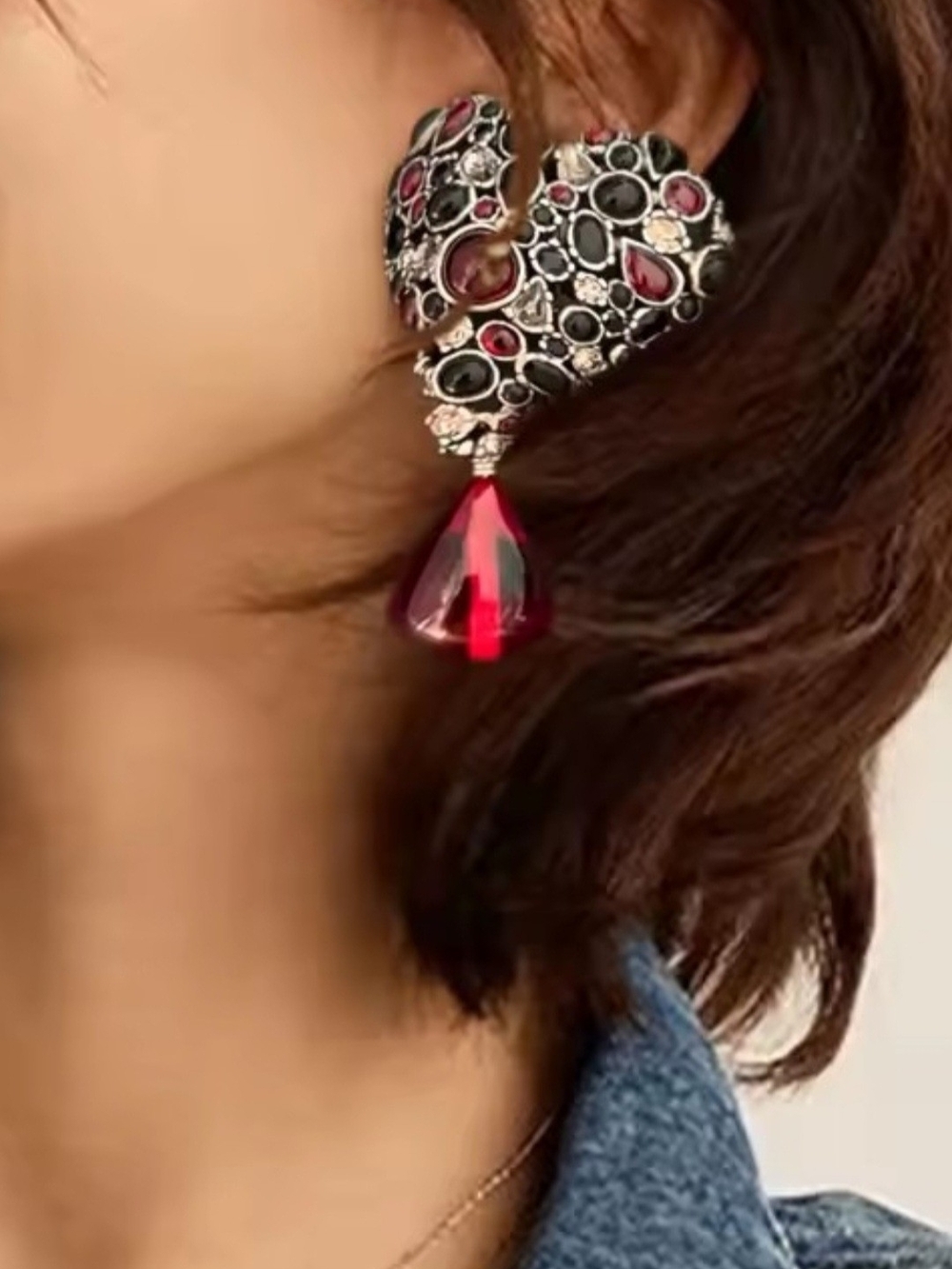 Saint Laurent Silver-Tone Heart Filigree Drop Earrings with Red Teardrop